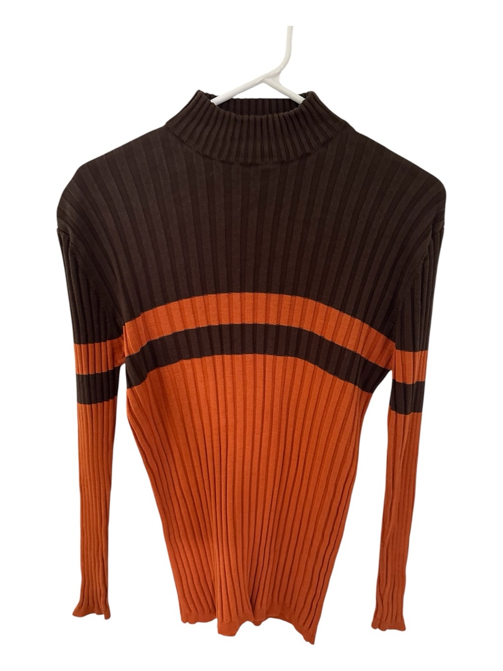 Women's Ribbed Cowl Neck Sweater in Brown & Orange